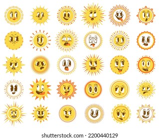 El sol se enfrenta a elementos. Sol matutino, alegre lindo sol de dibujos animados. Personajes de verano de primavera emocional aislados, iconos gráficos vectoriales graciosos amarillos