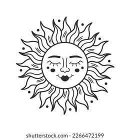 Sun with faces isolated on white background. Sun boho mystical sign for design, logo, tattoo. Bohemian style. Vector stock