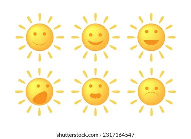 Sun faces set different emotions  Vector illustration.