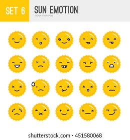 sun faces showing different emotions cartoon vector design.