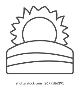 Sun and farm field thin line icon, spring season concept. Vector graphics. Field with morning sunrise, farming sign on white background, outline style icon for mobile or web design