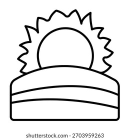 Sun and farm field thin line icon, spring season concept. Vector graphics. Field with morning sunrise, farming sign on white background, outline style icon for mobile or web design