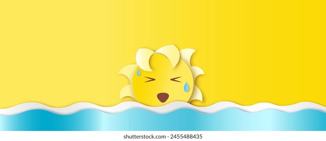 Sun feeling hot and wiping sweat on Summer Sea. Summer sun cute. paper cut and craft style. vector, illustration.