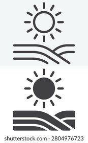 Sun and field line outline and solid icon set with landscape sign symbol. Editable stroke vector icon for farm sunrise, crop field, weather, and nature.
