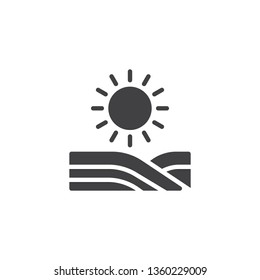 Sun and field vector icon. Agricultural landscape filled flat sign for mobile concept and web design. Sunrise and farm field glyph icon. Farming symbol, logo illustration. Vector graphics