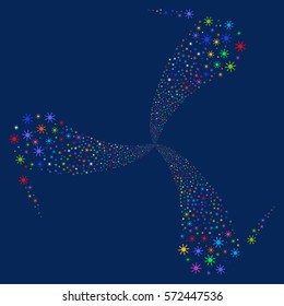 Sun fireworks swirl rotation. Vector illustration style is flat bright multicolored iconic symbols on a blue background. Object spiral combined from random design elements.