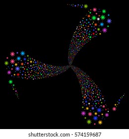 Sun fireworks swirl rotation. Vector illustration style is flat bright multicolored iconic symbols on a black background. Object whirl created from random symbols.