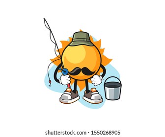 Sun fisherman cartoon. Mascot Character vector.