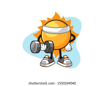 Sun fitness hold dumbbell cartoon. Mascot Character vector.