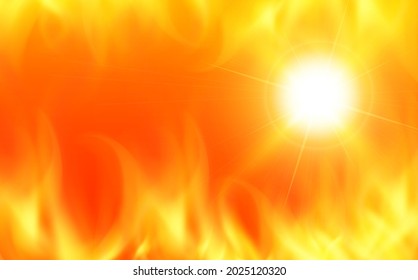 El sol en llamas, un fondo anaranjado con llamas como símbolo de incendios y de calor desastre natural, ilustración vectorial

