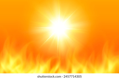 The sun in flames, an orange background with flames as a symbol of fires and hot weather natural disaster, vector illustration.