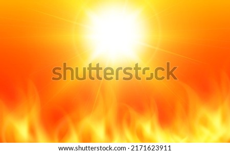 The sun in flames, an orange background with flames as a symbol of fires and hot weather natural disaster, vector illustration