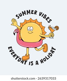 sun flamingo float walk retro cartoon illustration