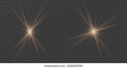 Sun flare with beams and spotlights. Sunlight special lens flare light effect. On a transparent background.