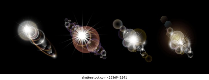 Destello de sol y resplandor establecido con círculos y rayos. Conjunto aislado de Vector de luz brillante y brillante realista. Cosmos o decoración del cuerpo celeste. Parpadeo de la cámara o rayos con sol y brillo