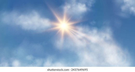 Sun flare on blue sky with white cumulus clouds, lens flare light effect, natural clouds of summer or spring weather, background with illustration of perfect weather on hot bright day.	