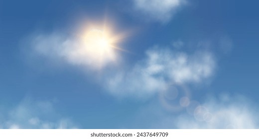 Sun flare on blue sky with white cumulus clouds, lens flare light effect, natural clouds of summer or spring weather, background with illustration of perfect weather on hot bright day.	