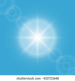 Sun flare on blue sky vector background.
