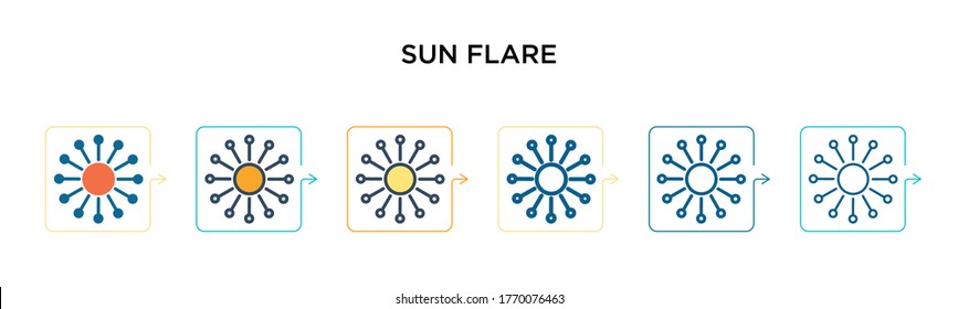 Sun flare vector icon in 6 different modern styles. Black, two colored sun flare icons designed in filled, outline, line and stroke style. Vector illustration can be used for web, mobile, ui