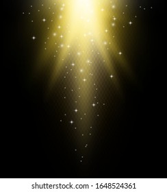 El sol brilla con efecto brillo dorado. Estrella rota. Luz amarilla sobre fondo oscuro. Ilustración realista del vector 