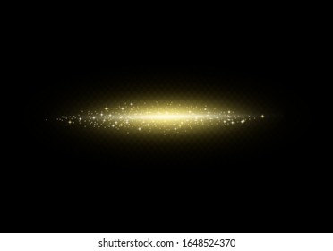 El sol brilla con efecto de brillo dorado con lente. Estrella rota. Luz amarilla sobre fondo oscuro. Ilustración realista del vector 