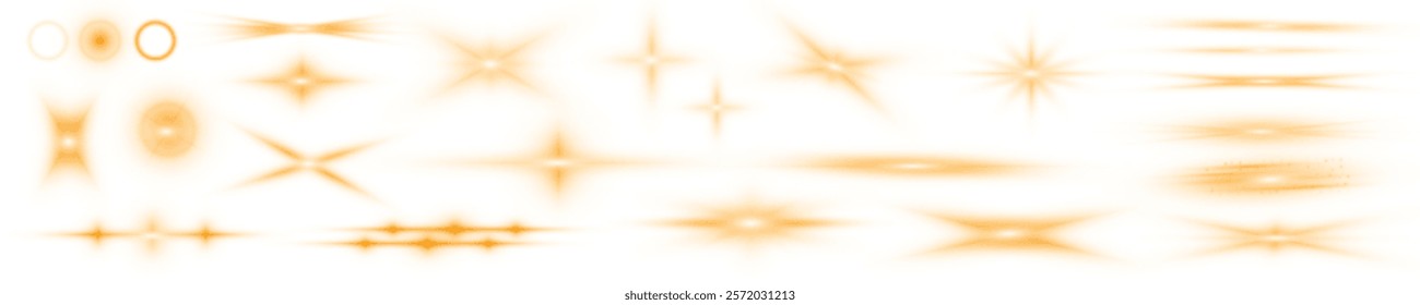 Sun flash with rays or gold spotlight and bokeh. Gold lens flares set. Yellow glowing light burst on a transparent background. PNG	