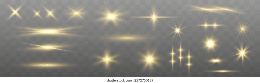 Sun flash with rays or gold spotlight and bokeh. Gold lens flares set. Yellow glow flare light effect. Vector illustration isolated on transparent background.	