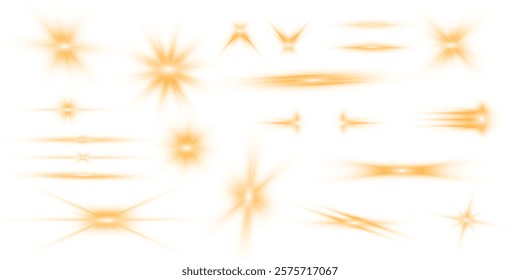 Sun flash with rays or gold spotlight and bokeh. Gold lens flares set. Yellow glowing light burst on a transparent background. PNG	