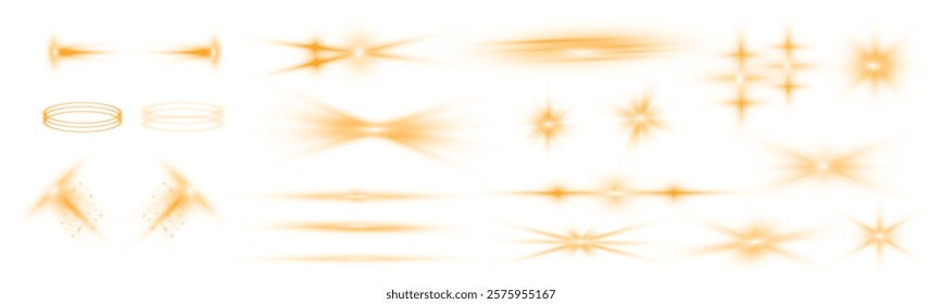 Sun flash with rays or gold spotlight and bokeh. Gold lens flares set. Yellow glowing light burst on a transparent background. PNG	