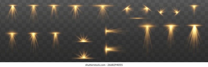 Flash de sol con rayos o foco de oro y bokeh. Conjunto de destellos de lente dorada. Efecto de luz de destello amarillo. Ilustración vectorial aislada sobre fondo transparente.	
