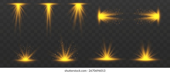 Sun flash with rays or gold spotlight and bokeh. Gold lens flares set. Yellow glow flare light effect. Vector illustration isolated on transparent background.	
