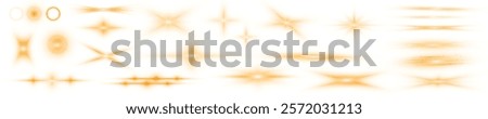 Sun flash with rays or gold spotlight and bokeh. Gold lens flares set. Yellow glowing light burst on a transparent background. PNG	