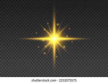 Sun flash with rays. Shiny glow star with stardust, gold lens flare. Yellow glowing lights explodes on transparent background. Golden light flare effect with stars, sparkles and glitter. Vector.