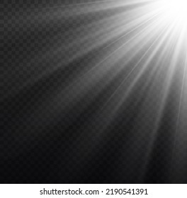 Sun flash with rays and spotlight. Star burst with sparkles. Translucent shine sun, bright flare. Sunlight glowing png effect. White beam sunrays on transparent background. Vector illustration.