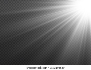 Sun flash with rays and spotlight. Star burst with sparkles. Translucent shine sun, bright flare. Sunlight glowing png effect. White beam sunrays on transparent background. Vector illustration.