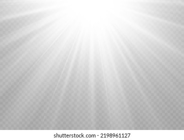 Sun flash with rays and spotlight. Star burst with sparkles. Translucent shine sun, bright flare. Sunlight glowing png effect. White beam sunrays on transparent background. Vector illustration.