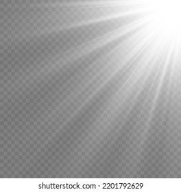 Sun flash with rays and spotlight. Star burst with sparkles. Translucent shine sun, bright flare. Sunlight glowing png effect. White beam sunrays on transparent background. Vector illustration.