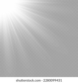 Sun flash with rays and spotlight. Star burst with sparkles. White beam sunrays on transparent background. Translucent shine sun, bright flare. Sunlight glowing png effect. Vector illustration.