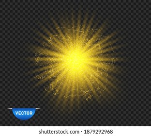 Sun. Flash, transparent with rays. gold dust, effect. Light, yellow star, energy. Vector object, overlays on an isolated background.