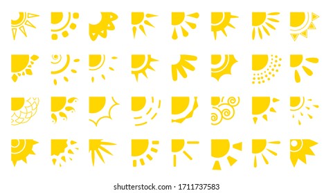 Sun flat cartooon icons set. Sunny corner with rays different shapes for logotype app. Decorative element sign heat day or morning, weather. Simple summer symbol. Isolated on white vector illustration