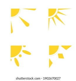 Sun flat cartooon icons set. Sunny corner with rays different shapes for logotype app. Decorative element sign heat day or morning, weather. Simple summer symbol. Isolated on white vector illustration