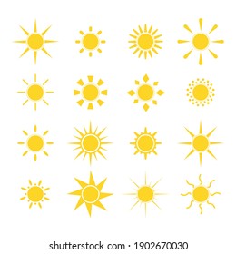 Sun flat cartooon icons set. Sunny corner with rays different shapes for logotype app. Decorative element sign heat day or morning, weather. Simple summer symbol. Isolated on white vector illustration