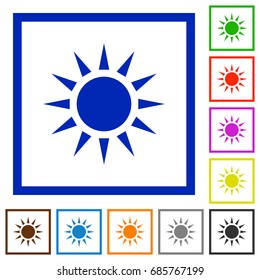 Sun flat color icons in square frames on white background
