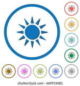 Sun flat color vector icons with shadows in round outlines on white background