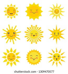 Sun Flat Emoji. Funny Summer Sunshine, Sun Baby Happy Morning Yellow Kawaii Emoticons. Cartoon Sunny Kawaii Smiling Faces Vector Icons