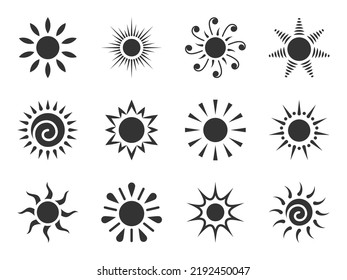 Sun flat icon set. Various shape sunshine star. Cartoon summer sunlight nature sky. Simple graphic solar circle sign. Sunny heat rays weather app symbol. Logotype sunrise sunset isolated on white.