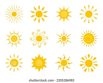 Sun flat icon set. Various yellow sunshine star. Cartoon summer sunlight nature sky. Simple graphic solar circle sign. Sunny heat rays weather app symbol. Logotype sunrise sunset isolated on white.