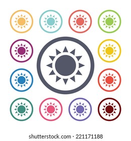 sun flat icons set. Open round colorful buttons. Vector 