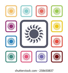 sun flat icons set. Open colorful buttons 