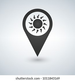 Sun flat pin map icon. Map pointer. Weather map pointer. Vector illustration.